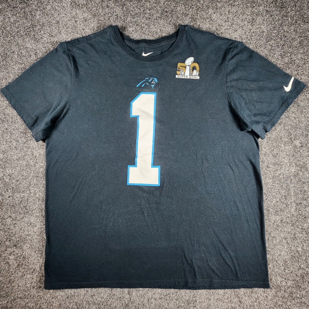 Nike Cam Newton Carolina Panthers Super Bowl 50 Graphic T-Shirt Mens XL Black - Picture 2 of 6